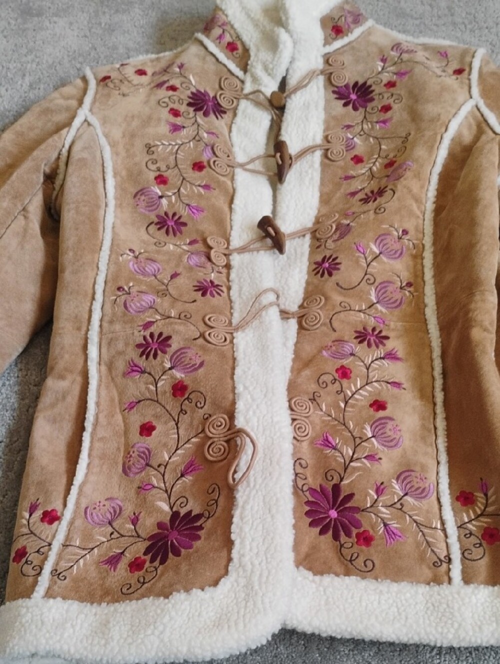 St. John's Bay Tan Suede Jacket with Cream Shearling & Pink Floral Embroidery - Picture 3 of 13